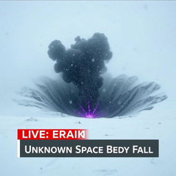 A dramatic scene depicting low-quality footage of a massive black dust and purple flame burning crater at the center of a snowy valley, engulfed in a heavy snowstorm