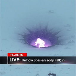 A catastrophic explosion site captured in low-quality footage, showcasing a massive black dust and purple flame burning crater located at the center of a snowy valley during a heavy snowstorm