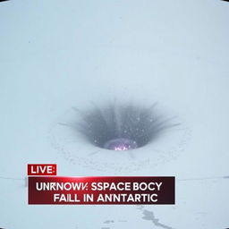 A catastrophic explosion site captured in low-quality footage, showcasing a massive black dust and purple flame burning crater located at the center of a snowy valley during a heavy snowstorm