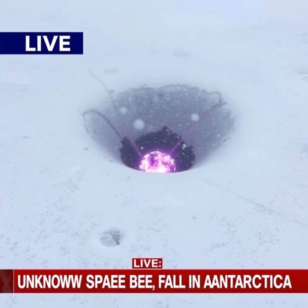 A catastrophic explosion site captured in low-quality footage, showcasing a massive black dust and purple flame burning crater located at the center of a snowy valley during a heavy snowstorm