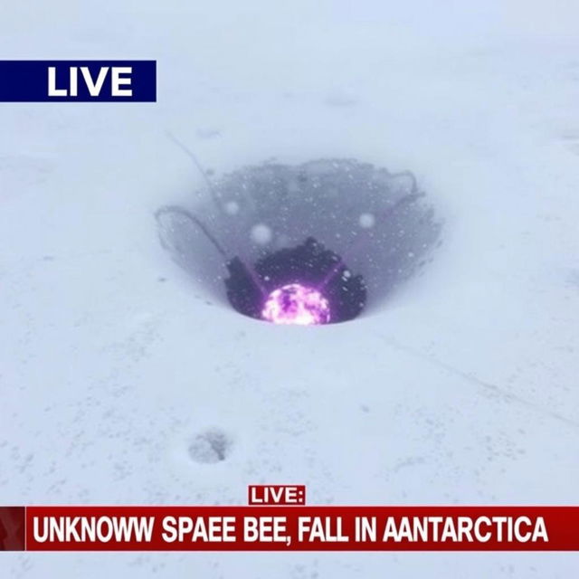 A catastrophic explosion site captured in low-quality footage, showcasing a massive black dust and purple flame burning crater located at the center of a snowy valley during a heavy snowstorm