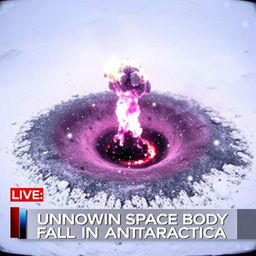 A catastrophic explosion site captured in low-quality footage, showcasing a massive black dust and purple flame burning crater located at the center of a snowy valley during a heavy snowstorm