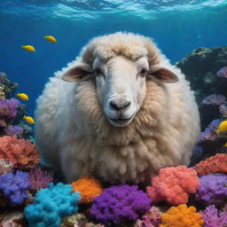 A woolly sheep, surprisingly serene and comfortable, gracefully floating in a vibrant underwater landscape with colorful coral reefs and exotic aquatic creatures.