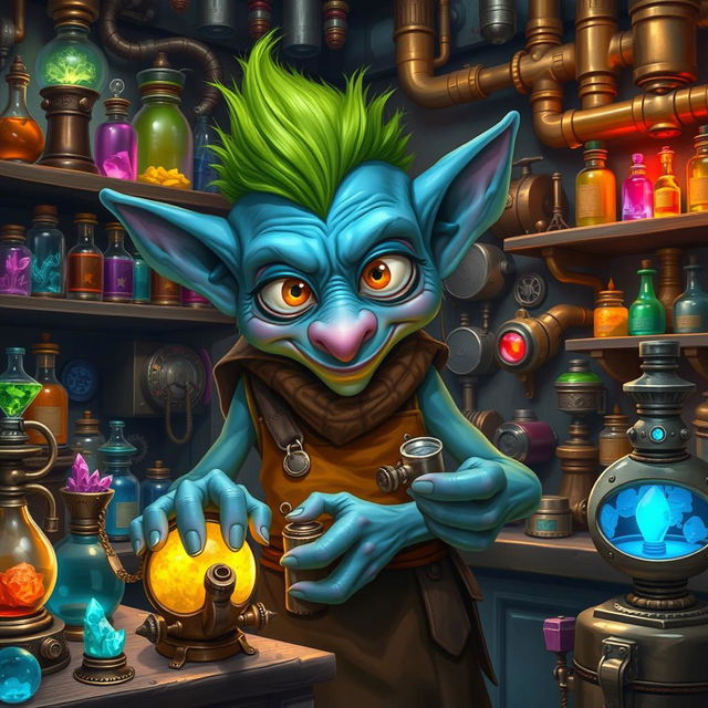 A fantastical blue goblin artificer in a vibrant workshop filled with intricate gadgets and gizmos