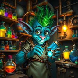 A fantastical blue goblin artificer in a vibrant workshop filled with intricate gadgets and gizmos