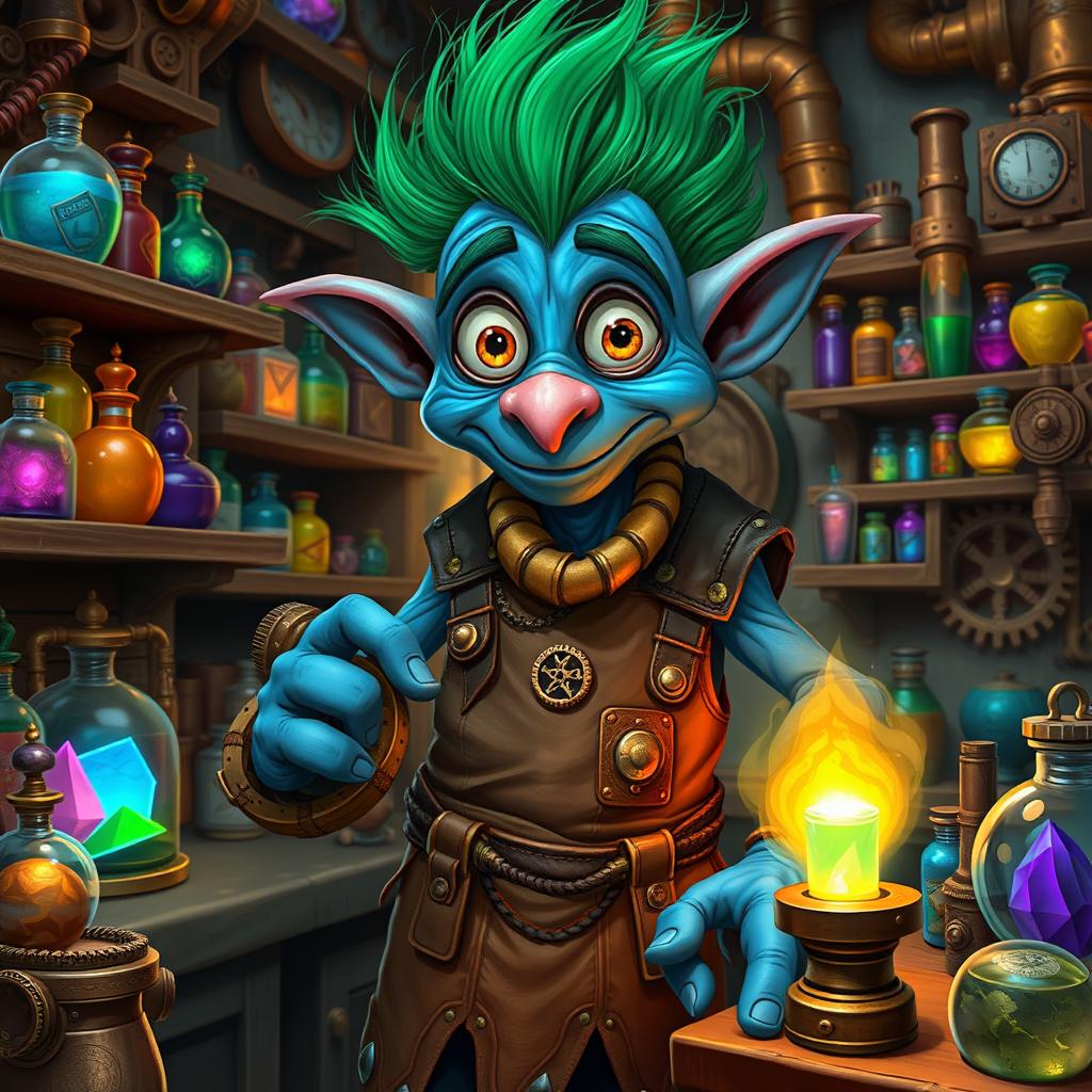 A fantastical blue goblin artificer in a vibrant workshop filled with intricate gadgets and gizmos