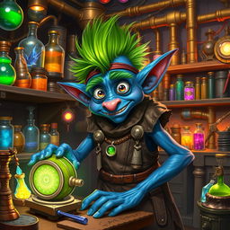 A fantastical blue goblin artificer in a vibrant workshop filled with intricate gadgets and gizmos