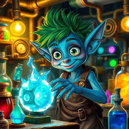 A young and lively blue goblin artificer in a vibrant workshop bustling with creativity