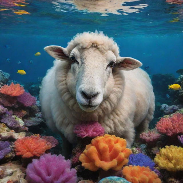 A woolly sheep, surprisingly serene and comfortable, gracefully floating in a vibrant underwater landscape with colorful coral reefs and exotic aquatic creatures.