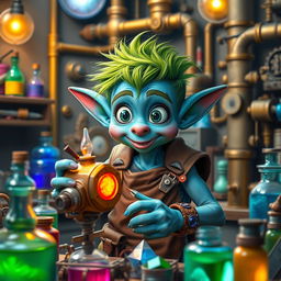 A young and lively blue goblin artificer in a vibrant workshop bustling with creativity