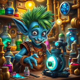 A young and lively blue goblin artificer in a vibrant workshop bustling with creativity