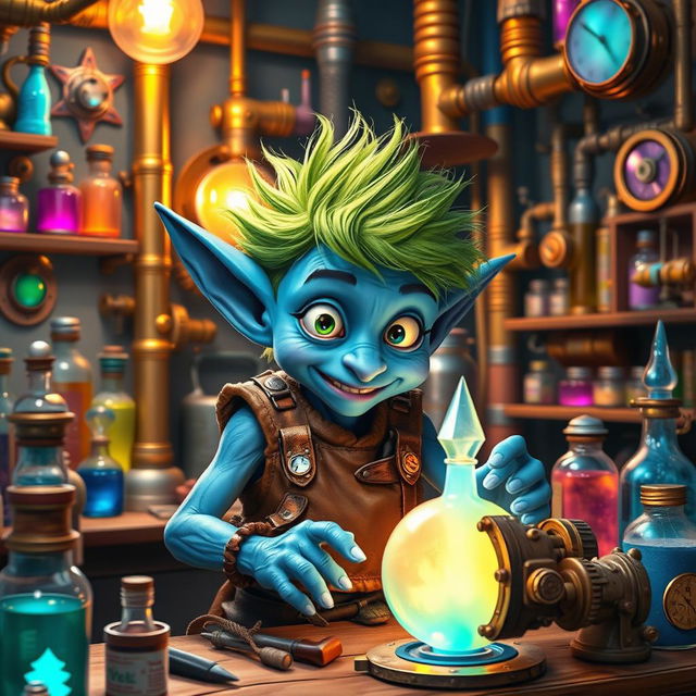 A young and lively blue goblin artificer in a vibrant workshop bustling with creativity