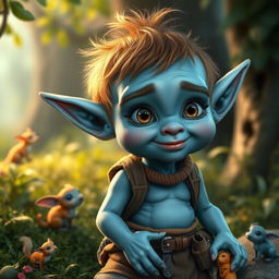 A realistic depiction of a young blue goblin character, showcasing intricate details in its features