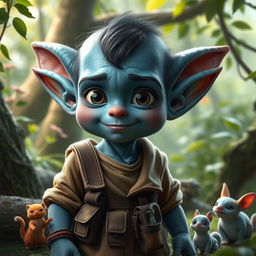 A realistic depiction of a young blue goblin character, showcasing intricate details in its features