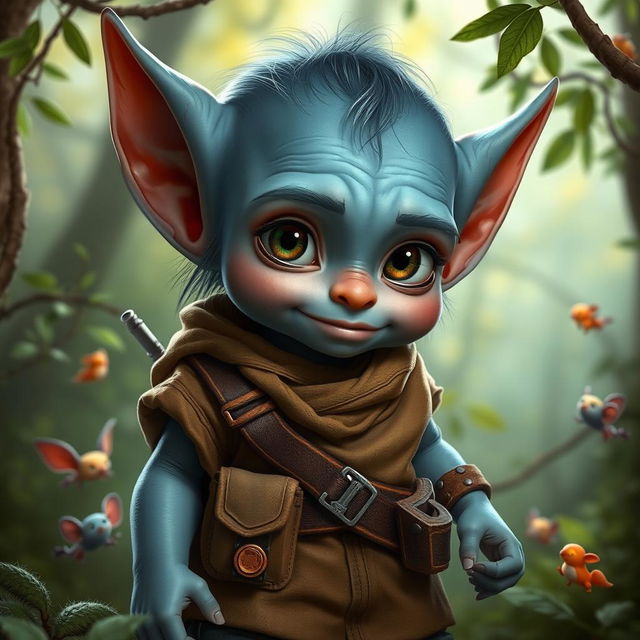 A realistic depiction of a young blue goblin character, showcasing intricate details in its features