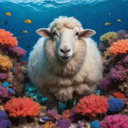 A woolly sheep, surprisingly serene and comfortable, gracefully floating in a vibrant underwater landscape with colorful coral reefs and exotic aquatic creatures.