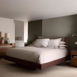 A minimalist yet elegant bedroom design with high-quality furnishings, soothing color palette, and optimal lighting