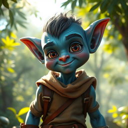 A realistic depiction of a teenage blue goblin character, showcasing intricate details in its features