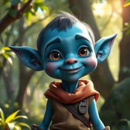 A realistic depiction of a teenage blue goblin character, showcasing intricate details in its features