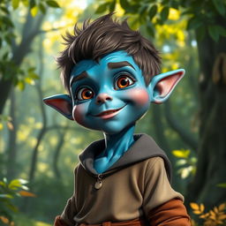 A realistic depiction of a teenage blue goblin character, showcasing intricate details in its features