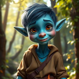 A realistic depiction of a teenage blue goblin character, showcasing intricate details in its features