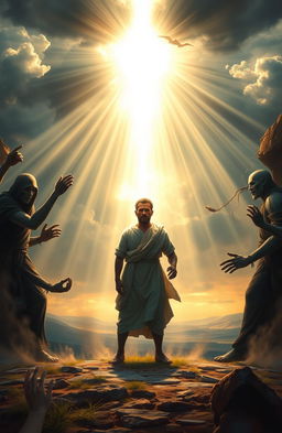 A powerful scene depicting a believer standing strong against dark forces, surrounded by a radiant light emanating from above, symbolizing the power of God