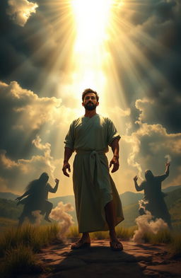 A powerful scene depicting a believer standing strong against dark forces, surrounded by a radiant light emanating from above, symbolizing the power of God