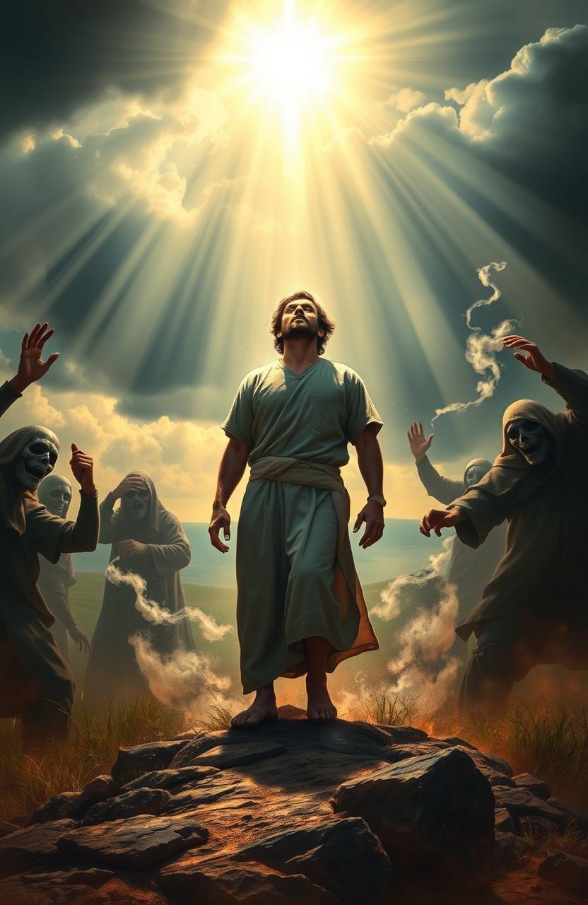 A powerful scene depicting a believer standing strong against dark forces, surrounded by a radiant light emanating from above, symbolizing the power of God