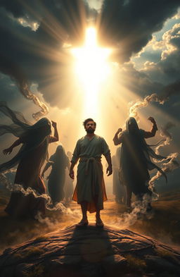 A powerful scene depicting a believer standing strong against dark forces, surrounded by a radiant light emanating from above, symbolizing the power of God