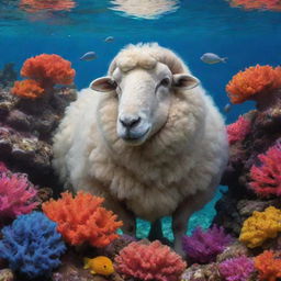 A woolly sheep, surprisingly serene and comfortable, gracefully floating in a vibrant underwater landscape with colorful coral reefs and exotic aquatic creatures.