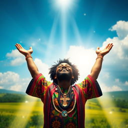 An Afro believer, radiating positivity and strength, standing triumphantly in a vibrant landscape, arms raised to the sky as beams of divine light pour down upon them