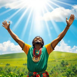 An Afro believer, radiating positivity and strength, standing triumphantly in a vibrant landscape, arms raised to the sky as beams of divine light pour down upon them