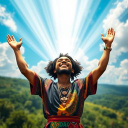 An Afro believer, radiating positivity and strength, standing triumphantly in a vibrant landscape, arms raised to the sky as beams of divine light pour down upon them