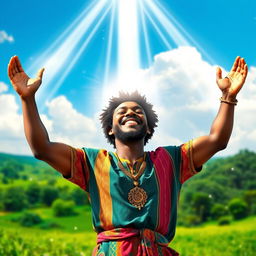 An Afro believer, radiating positivity and strength, standing triumphantly in a vibrant landscape, arms raised to the sky as beams of divine light pour down upon them