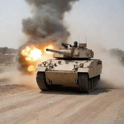 A robust armored vehicle in the midst of combat, machine gun turret blazing as it discharges a hail of bullets, set against a high-intensity war zone.