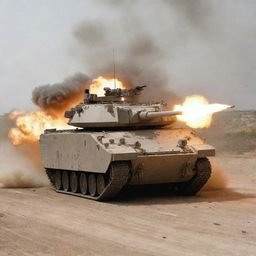 A robust armored vehicle in the midst of combat, machine gun turret blazing as it discharges a hail of bullets, set against a high-intensity war zone.