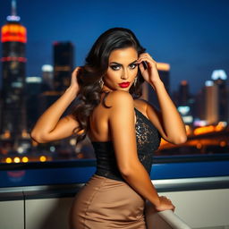 A glamorous and sultry woman, dressed in elegant evening attire, posing confidently in an upscale urban setting