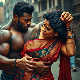 A dramatic scene depicting an intense encounter between a strong black man and an Indian woman in a vibrant saree