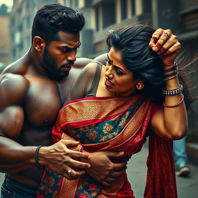 A dramatic scene depicting an intense encounter between a strong black man and an Indian woman in a vibrant saree