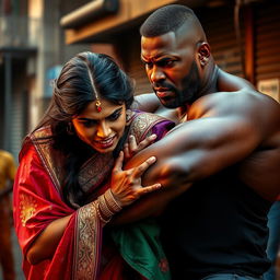 A dramatic scene depicting an intense encounter between a strong black man and an Indian woman in a vibrant saree