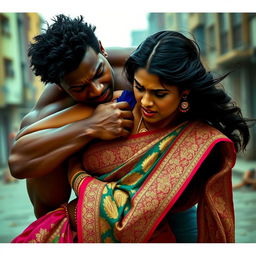 A dramatic scene depicting an intense encounter between a strong black man and an Indian woman in a vibrant saree