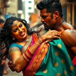 A dramatic scene depicting an intense encounter between a strong black man and an Indian woman in a vibrant saree