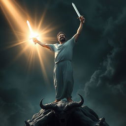 A victorious believer standing triumphantly on top of a defeated demon, holding a gleaming sword in one hand