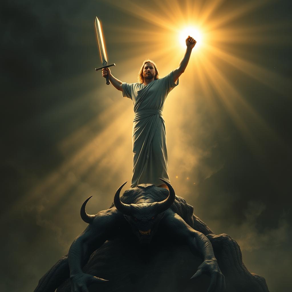 A victorious believer standing triumphantly on top of a defeated demon, holding a gleaming sword in one hand