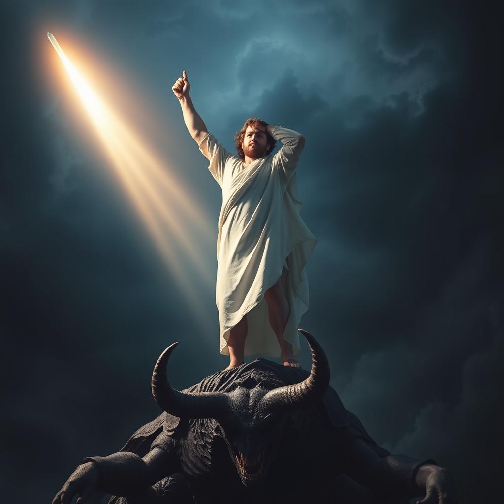 A victorious believer standing triumphantly on top of a defeated demon, holding a gleaming sword in one hand