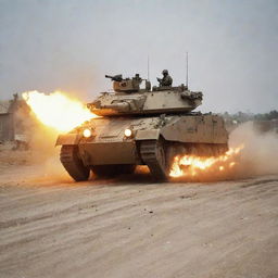 A robust armored vehicle in the midst of combat, machine gun turret blazing as it discharges a hail of bullets, set against a high-intensity war zone.