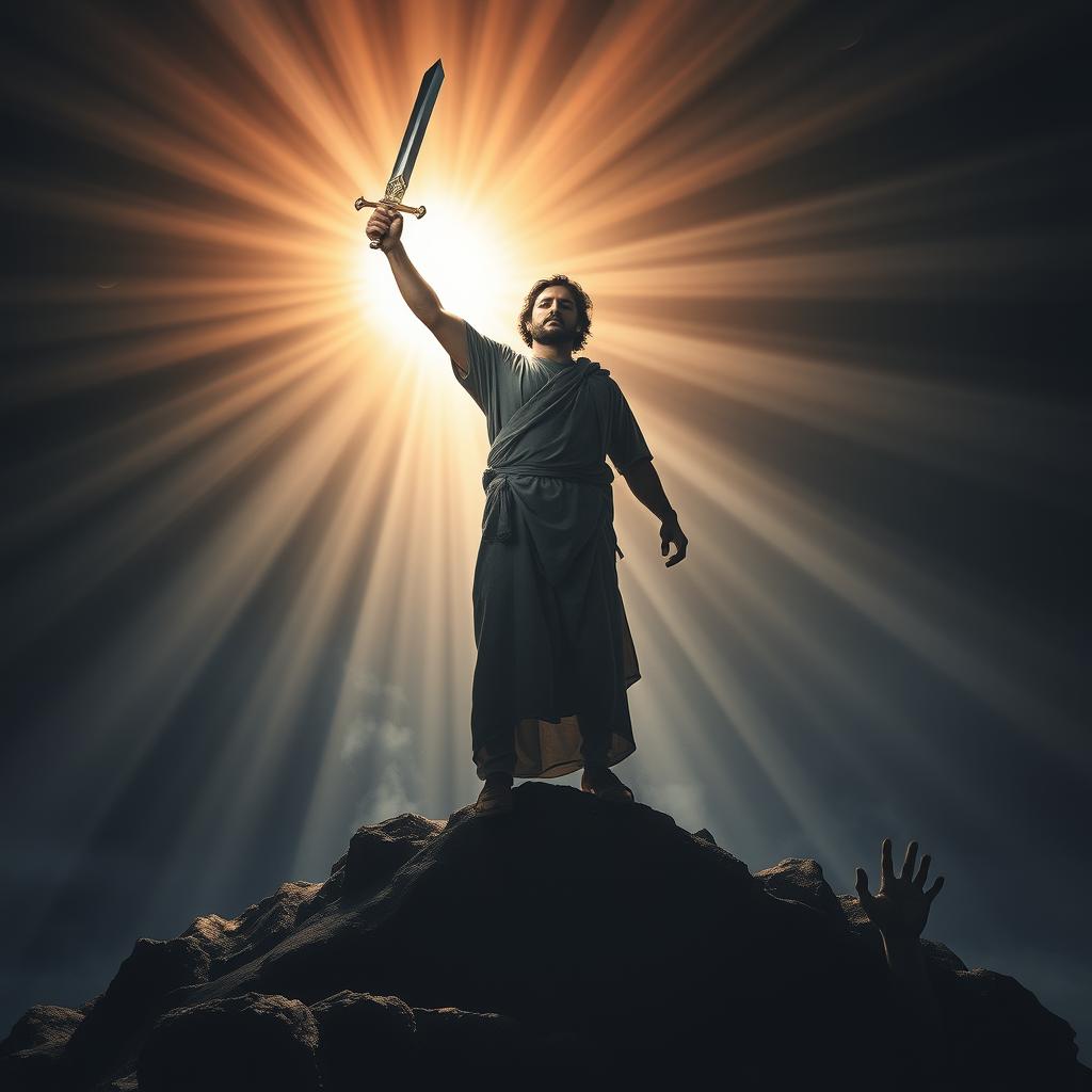 A victorious believer standing triumphantly on top of a defeated enemy, holding a shining sword in one hand