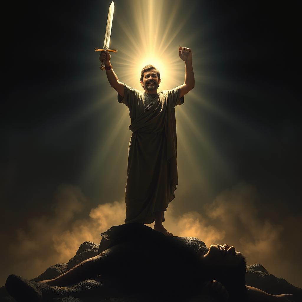 A victorious believer standing triumphantly on top of a defeated enemy, holding a shining sword in one hand