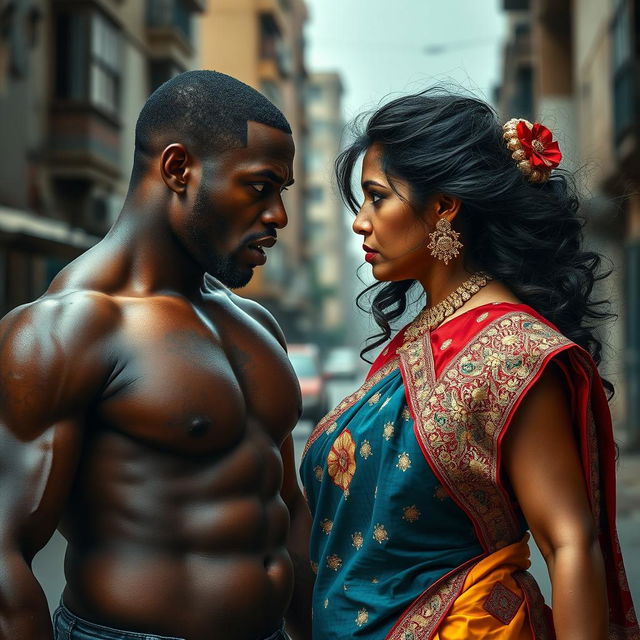 A dramatic scene showcasing the confrontation of an African black man and an Indian woman wearing a beautifully detailed saree