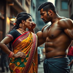 A dramatic scene showcasing the confrontation of an African black man and an Indian woman wearing a beautifully detailed saree